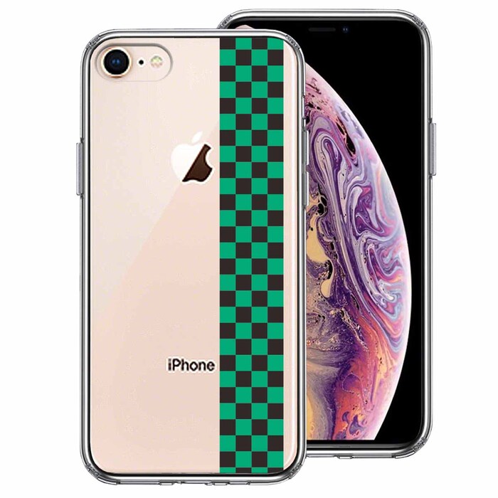 iPhone8 iPhone7 ケース クリア 和柄 帯 市松 常盤緑 黒 スマホケース 側面ソフト 背面ハード ハイブリッド-0