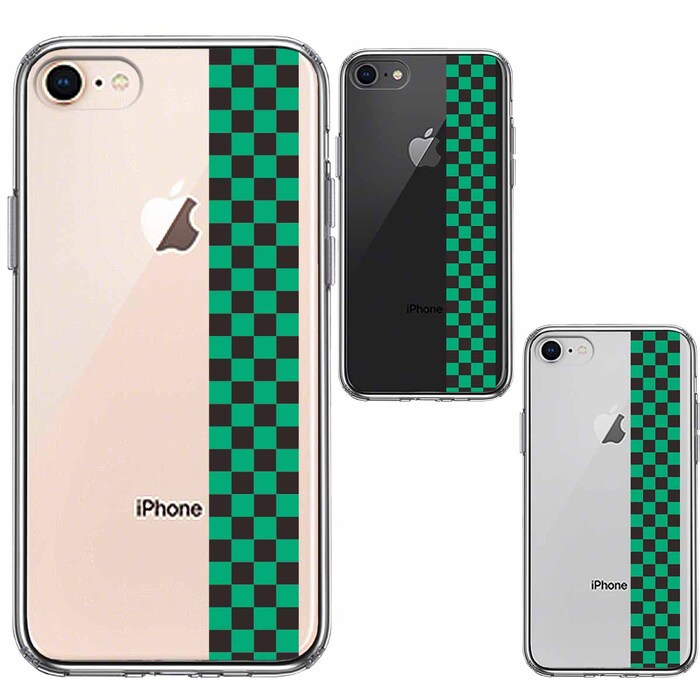 iPhone8 iPhone7 ケース クリア 和柄 帯 市松 常盤緑 黒 スマホケース 側面ソフト 背面ハード ハイブリッド-1