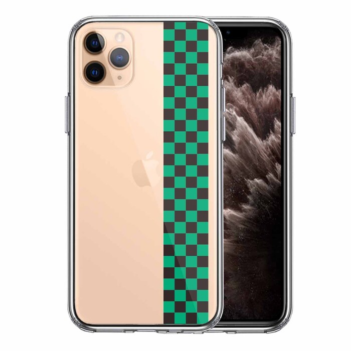iPhone11pro ケース クリア 和柄 帯 市松 常盤緑 黒 スマホケース 側面ソフト 背面ハード ハイブリッド-0