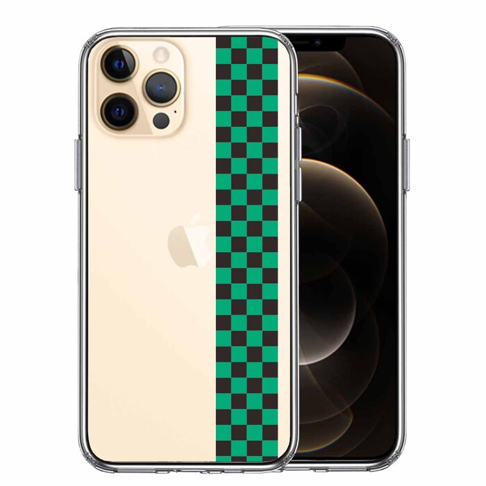 iPhone12Pro ケース クリア 和柄 帯 市松 常盤緑 黒 スマホケース 側面ソフト 背面ハード ハイブリッド-0