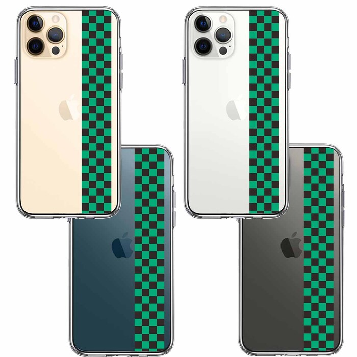 iPhone12Pro ケース クリア 和柄 帯 市松 常盤緑 黒 スマホケース 側面ソフト 背面ハード ハイブリッド-1
