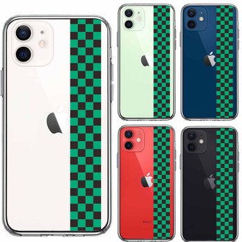 iPhone12mini ケース クリア 和柄 帯 市松 常盤緑 黒 スマホケース 側面ソフト 背面ハード ハイブリッド-1