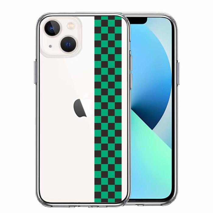 iPhone13 ケース クリア和柄 帯 市松 常盤緑 黒 スマホケース 側面ソフト 背面ハード ハイブリッド-0