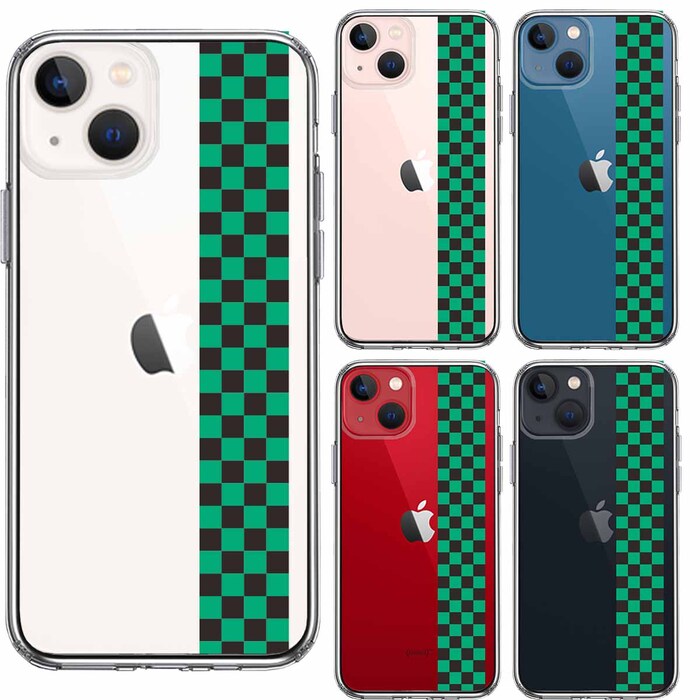 iPhone13 ケース クリア和柄 帯 市松 常盤緑 黒 スマホケース 側面ソフト 背面ハード ハイブリッド-1