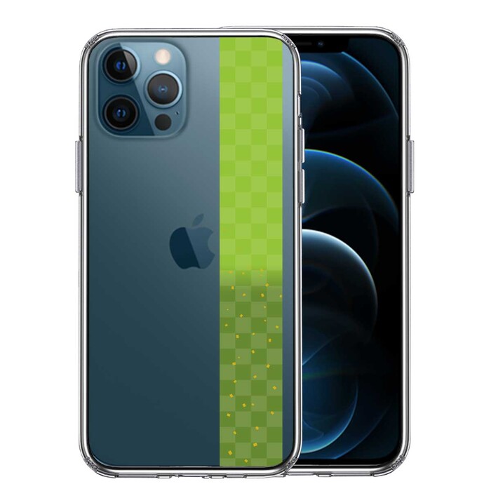 iPhone12Pro ケース クリア 和柄 帯 市松模様 グリーン 緑 金箔 スマホケース 側面ソフト 背面ハード ハイブリッド-0