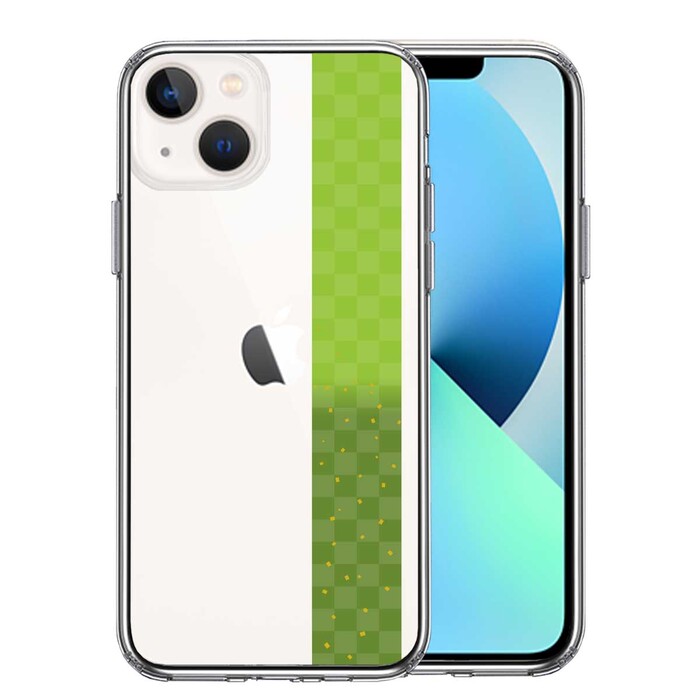 iPhone13mini ケース クリア和柄 帯 市松模様 グリーン 緑 金箔 スマホケース 側面ソフト 背面ハード ハイブリッド-0