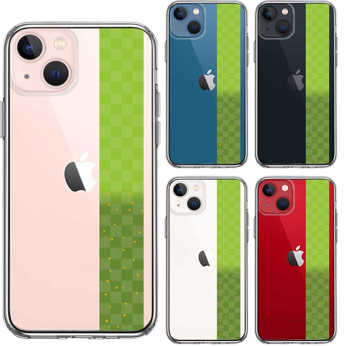 iPhone13mini ケース クリア和柄 帯 市松模様 グリーン 緑 金箔 スマホケース 側面ソフト 背面ハード ハイブリッド-1