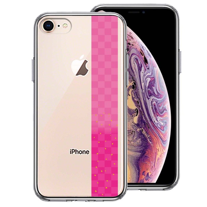 iPhone8 iPhone7 ケース クリア 和柄 帯 市松模様 ピンク 金箔 スマホケース 側面ソフト 背面ハード ハイブリッド-0