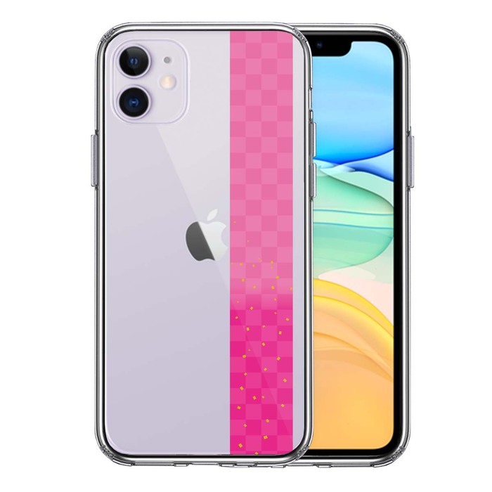 iPhone11 ケース クリア 和柄 帯 市松模様 ピンク 金箔 スマホケース 側面ソフト 背面ハード ハイブリッド-0
