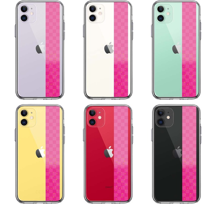 iPhone11 ケース クリア 和柄 帯 市松模様 ピンク 金箔 スマホケース 側面ソフト 背面ハード ハイブリッド-1