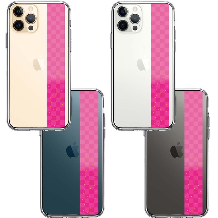 iPhone12Pro ケース クリア 和柄 帯 市松模様 ピンク 金箔 スマホケース 側面ソフト 背面ハード ハイブリッド-1