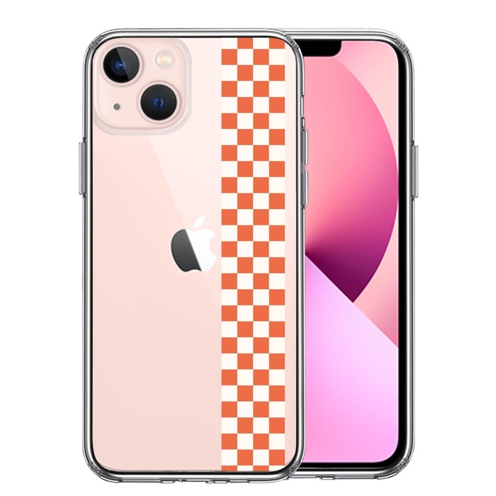 iPhone13 ケース クリア和柄 帯 市松 茶 極薄黄 スマホケース 側面ソフト 背面ハード ハイブリッド-0