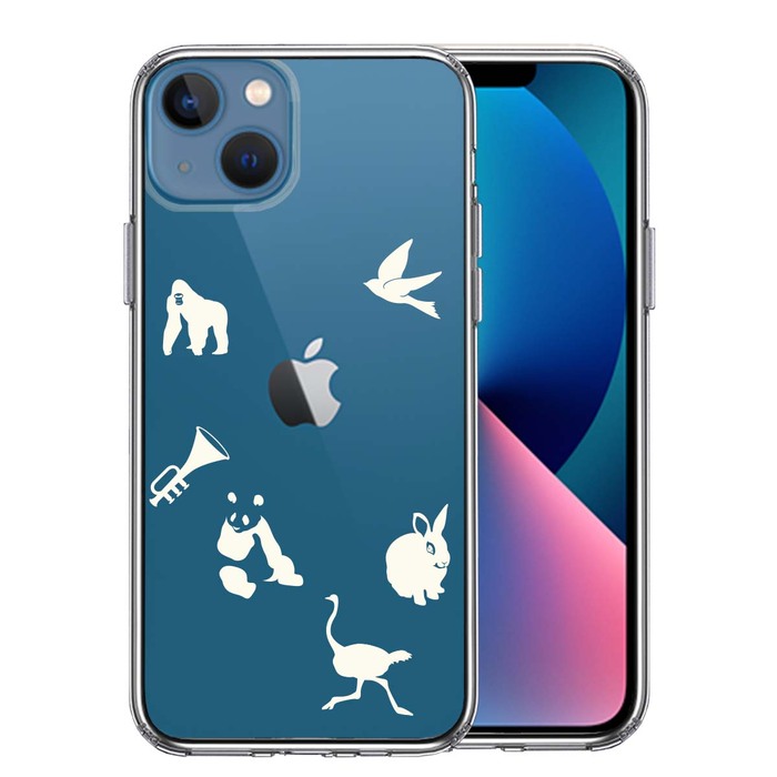 iPhone13 ケース クリア動物 しりとり ホワイト スマホケース 側面ソフト 背面ハード ハイブリッド-0