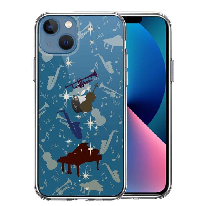 iPhone13mini ケース クリアJAZZ 2 楽器 音符 スマホケース 側面ソフト 背面ハード ハイブリッド-0