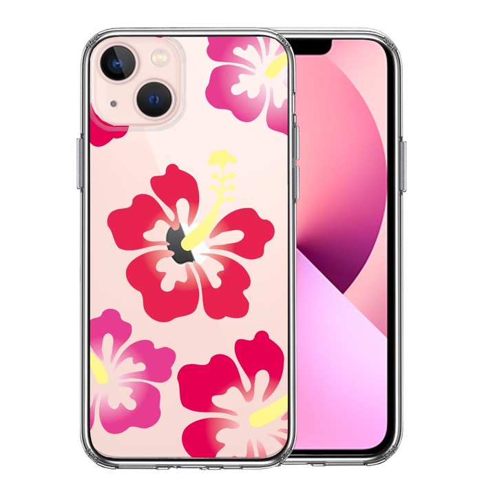 iPhone13mini ケース クリアハイビスカス レッド スマホケース 側面ソフト 背面ハード ハイブリッド-0