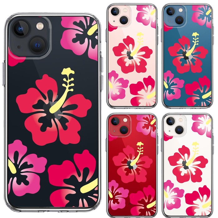 iPhone13mini ケース クリアハイビスカス レッド スマホケース 側面ソフト 背面ハード ハイブリッド-1