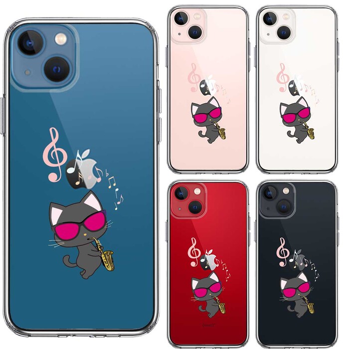 iPhone13 ケース クリアサックス ねこ スマホケース 側面ソフト 背面ハード ハイブリッド-1