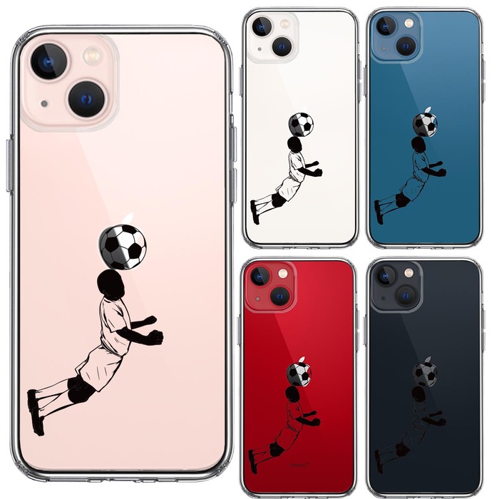 iPhone13 ケース クリアサッカー ヘディング 男子 黒 スマホケース 側面ソフト 背面ハード ハイブリッド-1