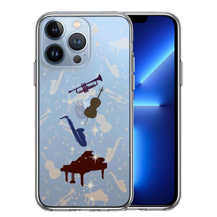 iPhone13Pro ケース クリアJAZZ 2 楽器 音符 スマホケース 側面ソフト 背面ハード ハイブリッド-0