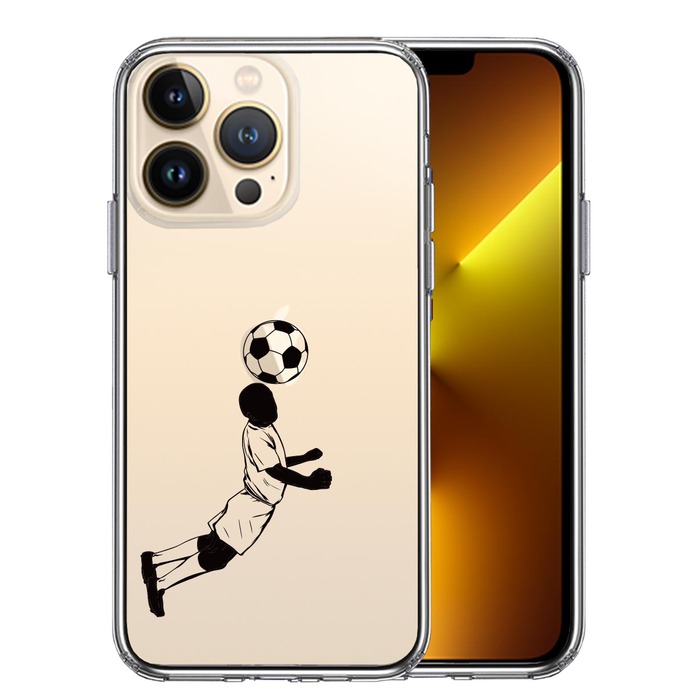 iPhone13Pro ケース クリア  サッカー ヘディング 男子 黒 スマホケース 側面ソフト 背面ハード ハイブリッド-0