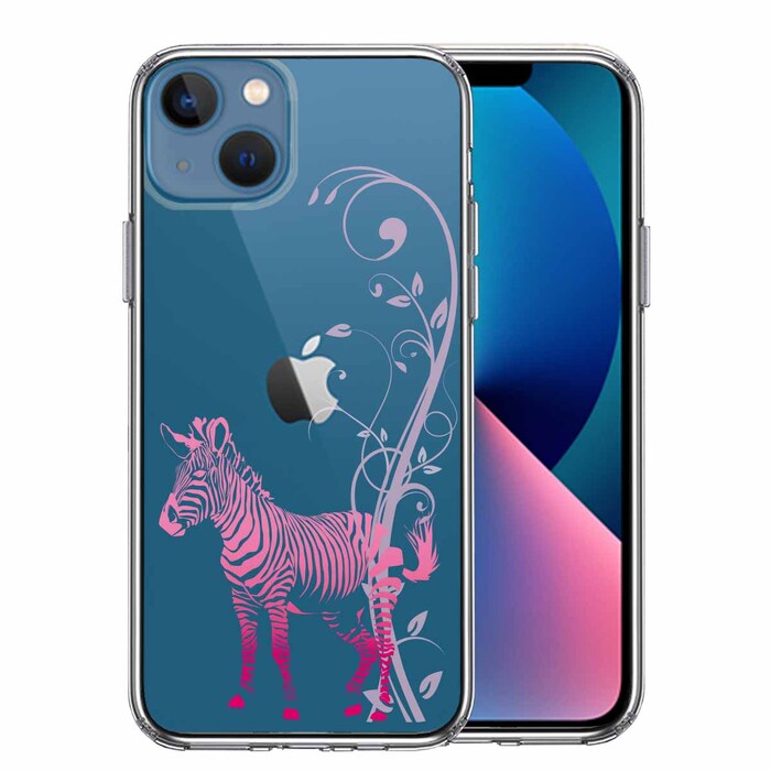 iPhone13mini ケース クリア  フローラル ゼブラ ピンク スマホケース 側面ソフト 背面ハード ハイブリッド-0