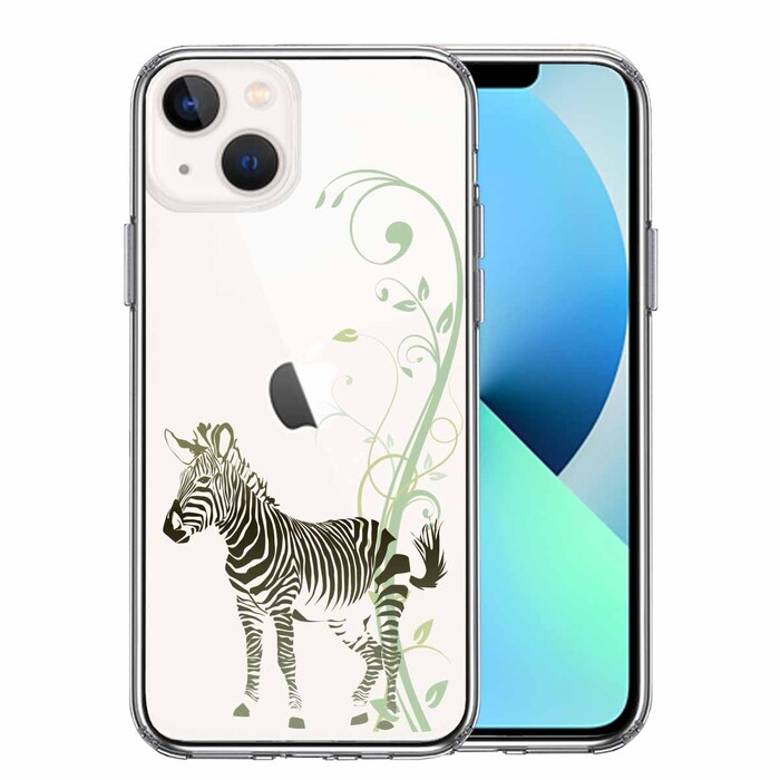 iPhone13mini ケース クリアフローラル ゼブラ グリーン スマホケース 側面ソフト 背面ハード ハイブリッド-0