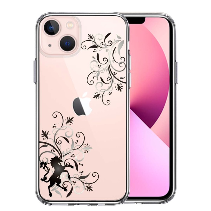 iPhone13mini ケース クリアフローラル ユニコーン グレー スマホケース 側面ソフト 背面ハード ハイブリッド-0