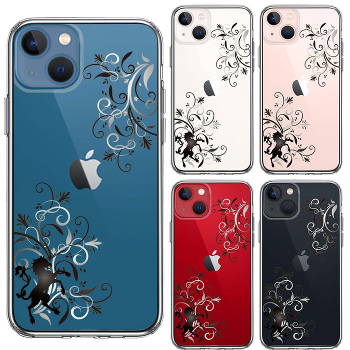 iPhone13mini ケース クリアフローラル ユニコーン グレー スマホケース 側面ソフト 背面ハード ハイブリッド-1