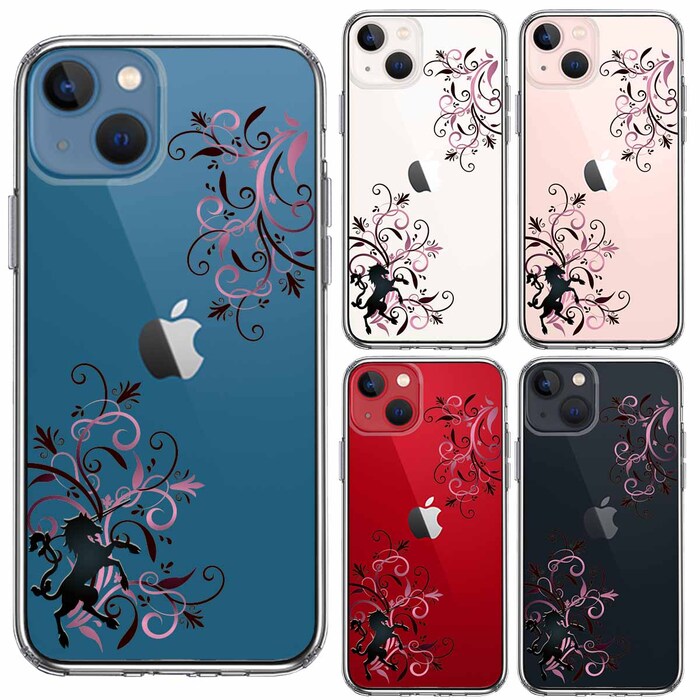 iPhone13mini ケース クリアフローラル ユニコーン ピンク スマホケース 側面ソフト 背面ハード ハイブリッド-1