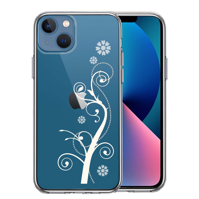 iPhone13mini ケース クリアフローラル つる模様 ホワイト スマホケース 側面ソフト 背面ハード ハイブリッド-0