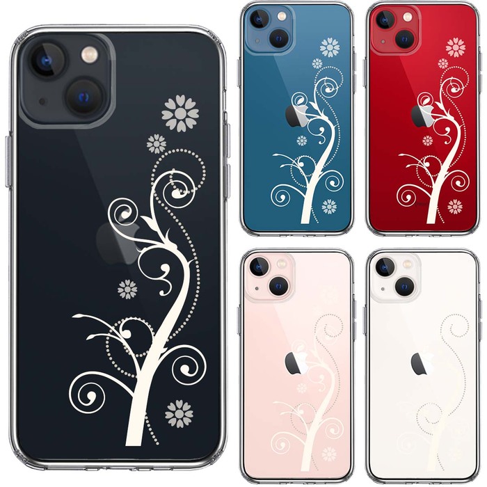 iPhone13mini ケース クリアフローラル つる模様 ホワイト スマホケース 側面ソフト 背面ハード ハイブリッド-1