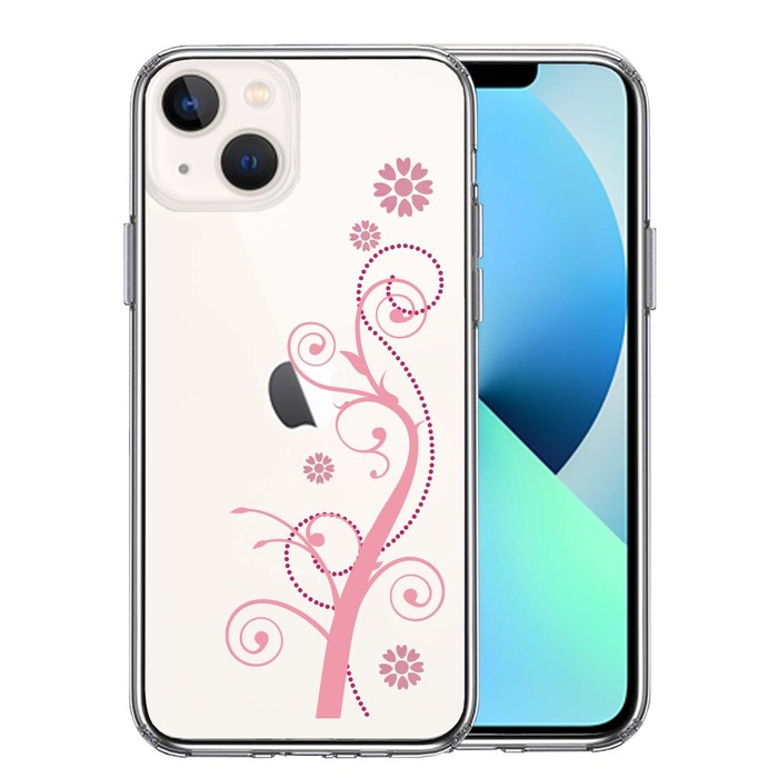 iPhone13mini ケース クリアフローラル つる模様 ピンク スマホケース 側面ソフト 背面ハード ハイブリッド-0
