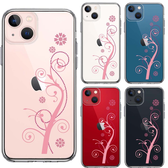 iPhone13mini ケース クリアフローラル つる模様 ピンク スマホケース 側面ソフト 背面ハード ハイブリッド-1
