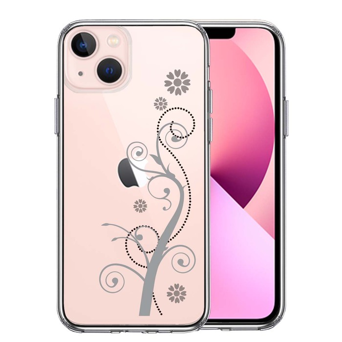 iPhone13mini ケース クリアフローラル つる模様 グレー スマホケース 側面ソフト 背面ハード ハイブリッド-0