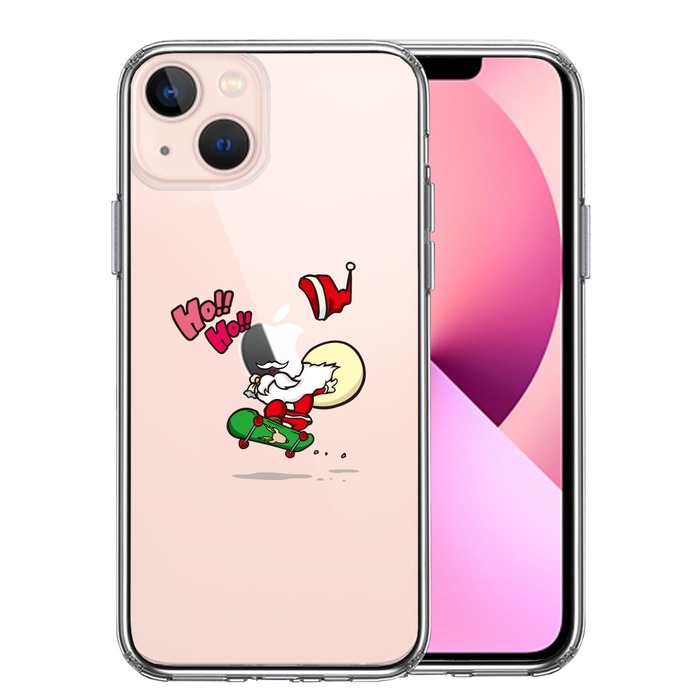 iPhone13mini ケース クリアトナカイ スケートボード サンタ スマホケース 側面ソフト 背面ハード ハイブリッド-0