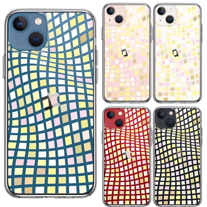 iPhone13mini ケース クリアチェック ウェーフ レインボー スマホケース 側面ソフト 背面ハード ハイブリッド-1