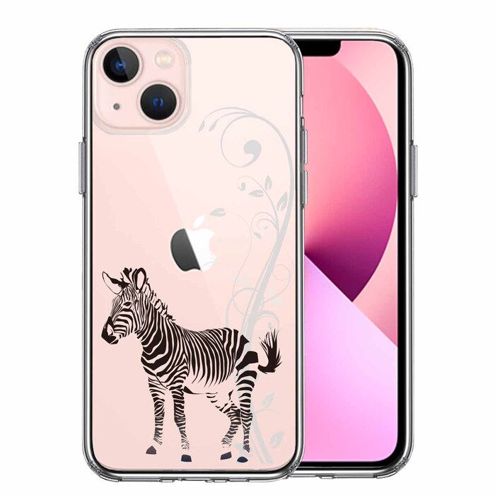 iPhone13 ケース クリアフローラル ゼブラ ブラック スマホケース 側面ソフト 背面ハード ハイブリッド-0