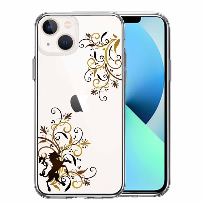 iPhone13 ケース クリアフローラル ユニコーン ブラウン スマホケース 側面ソフト 背面ハード ハイブリッド-0