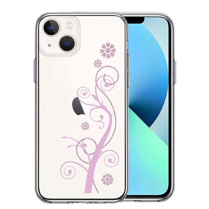 iPhone13 ケース クリアフローラル つる模様 パープル スマホケース 側面ソフト 背面ハード ハイブリッド-0