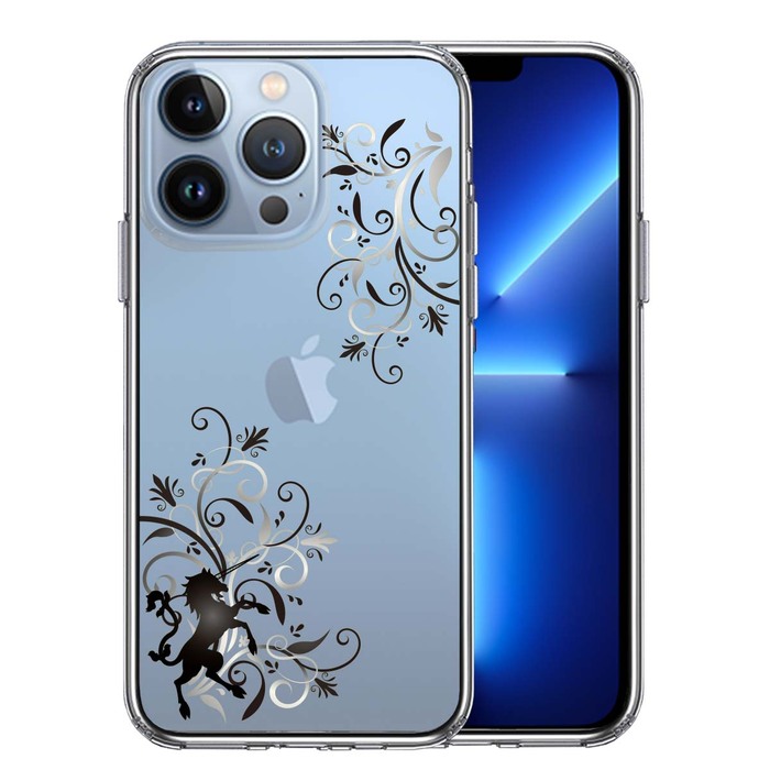 iPhone13Pro ケース クリアフローラル ユニコーン グレー スマホケース 側面ソフト 背面ハード ハイブリッド-0