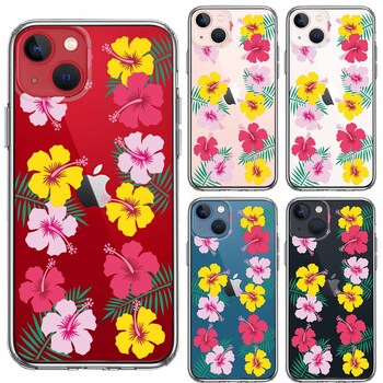 iPhone13 ケース クリア  ハワイ 花 フラワー フローラル 花柄 スマホケース 側面ソフト 背面ハード ハイブリッド-1