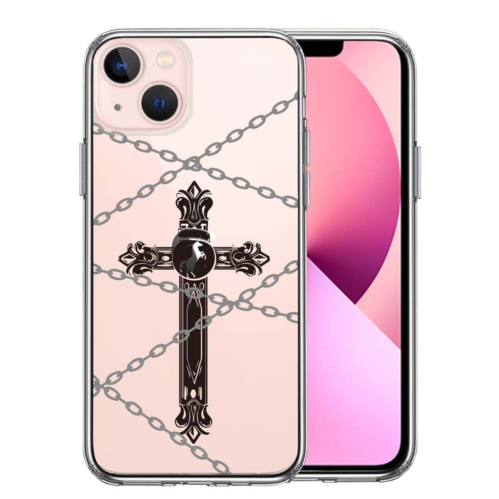 iPhone13mini ケース クリアクロス &チェーン スマホケース 側面ソフト 背面ハード ハイブリッド-0