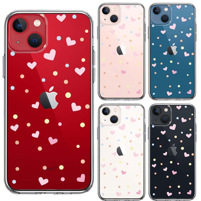 iPhone13 ケース クリアハート と 水玉 スマホケース 側面ソフト 背面ハード ハイブリッド-1