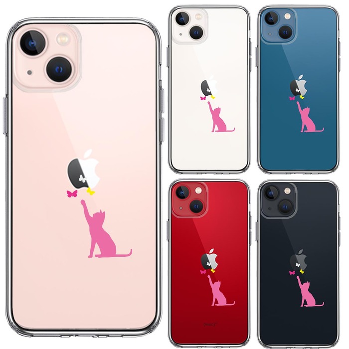 iPhone13miniケース クリア  猫 CAT ねこ にゃんこ 蝶々 ピンク スマホケース 側面ソフト 背面ハード ハイブリッド-1