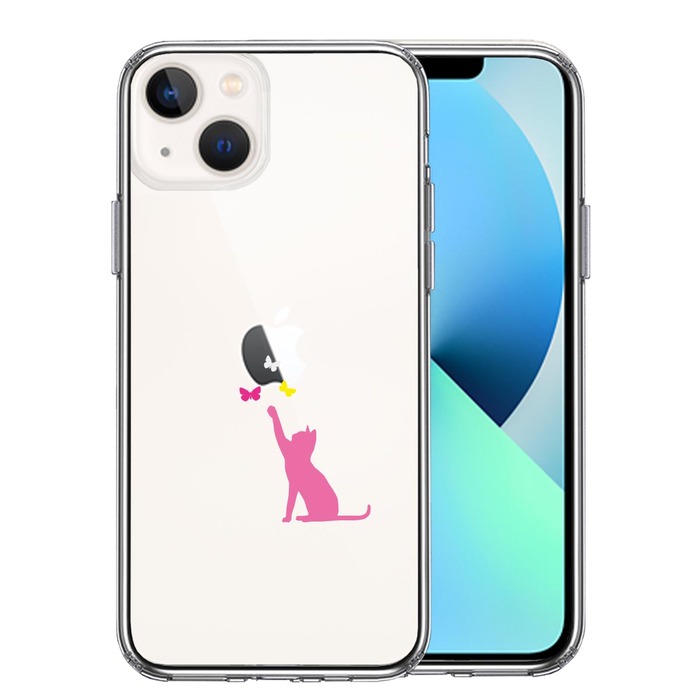 iPhone13 ケース クリア猫 CAT ねこ にゃんこ 蝶々 ピンク スマホケース 側面ソフト 背面ハード ハイブリッド-0