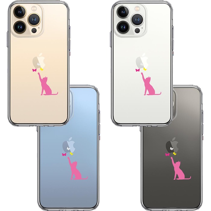 iPhone13Pro ケース クリア  猫 CAT ねこ にゃんこ 蝶々 ピンク スマホケース 側面ソフト 背面ハード ハイブリッド-1