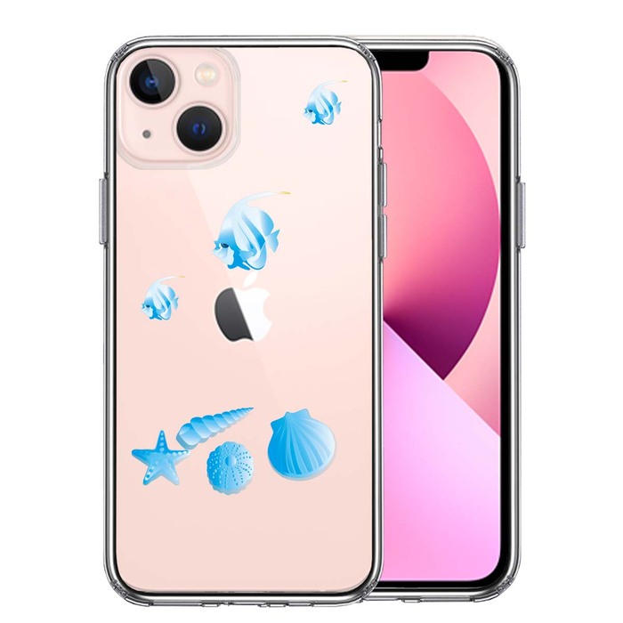 iPhone13Pro ケース クリア  夏 熱帯魚 と 貝 ブルー スマホケース 側面ソフト 背面ハード ハイブリッド-0