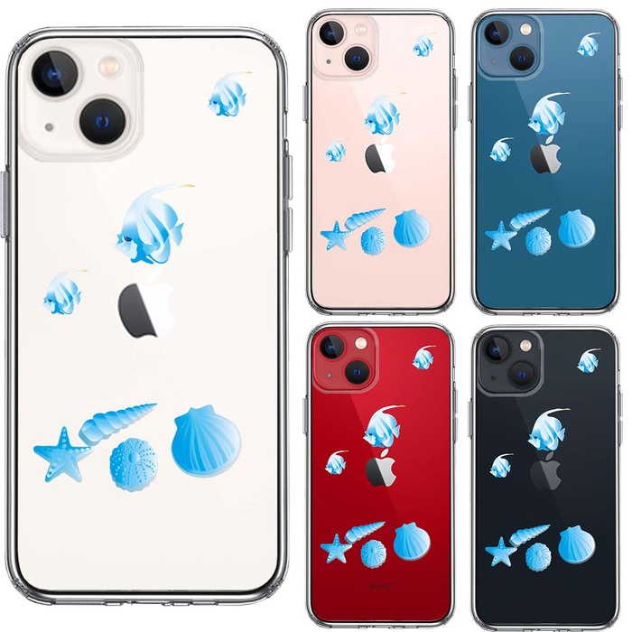 iPhone13Pro ケース クリア  夏 熱帯魚 と 貝 ブルー スマホケース 側面ソフト 背面ハード ハイブリッド-1