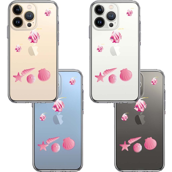 iPhone13Pro ケース クリア  夏 熱帯魚 と 貝 ピンク スマホケース 側面ソフト 背面ハード ハイブリッド-1
