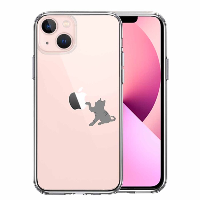 iPhone13mini ケース クリアにゃんこ ねこ 猫 どら猫 リンゴきになる スマホケース 側面ソフト 背面ハード ハイブリッド-0